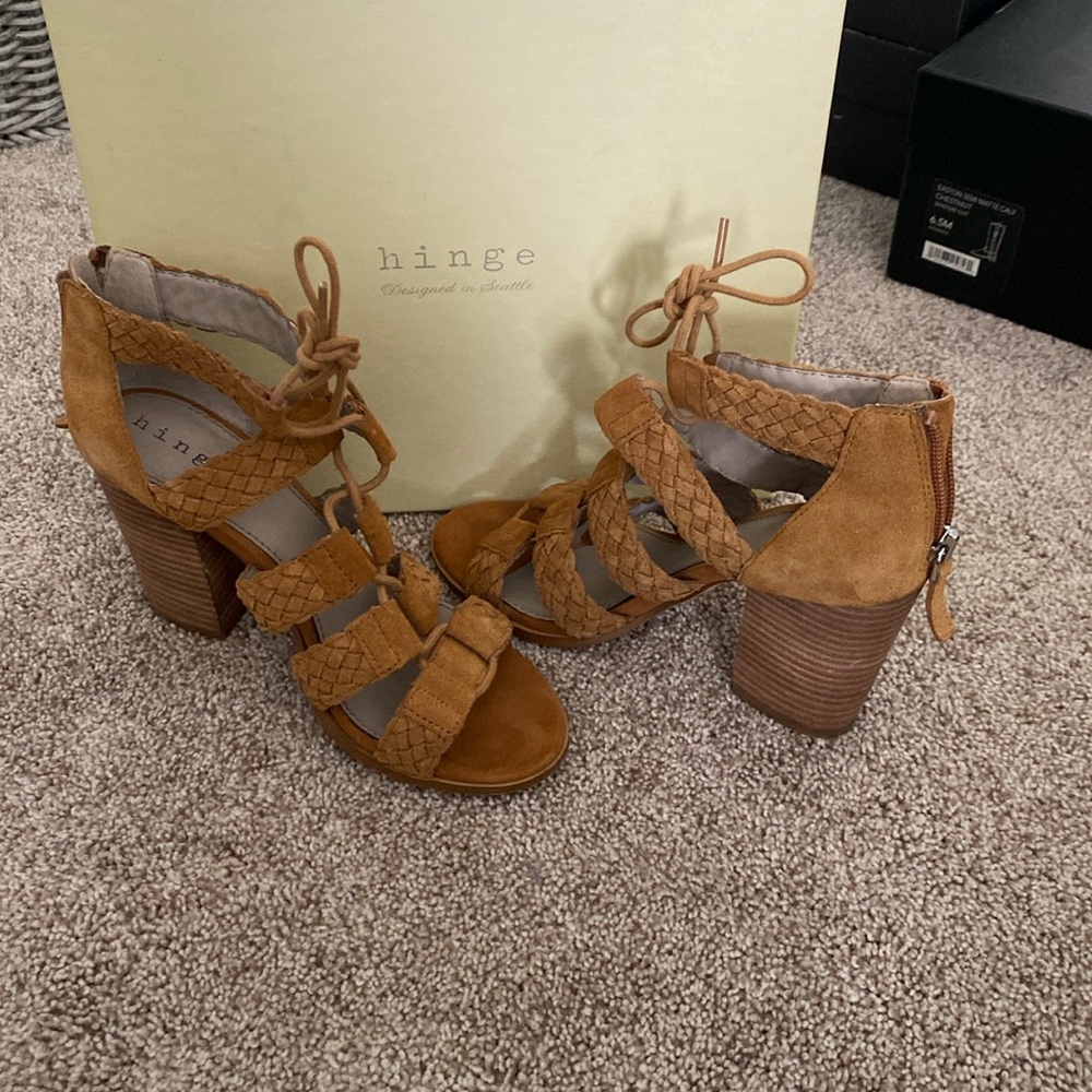 Strappy sandal suede material lace up with zipper in back block heel